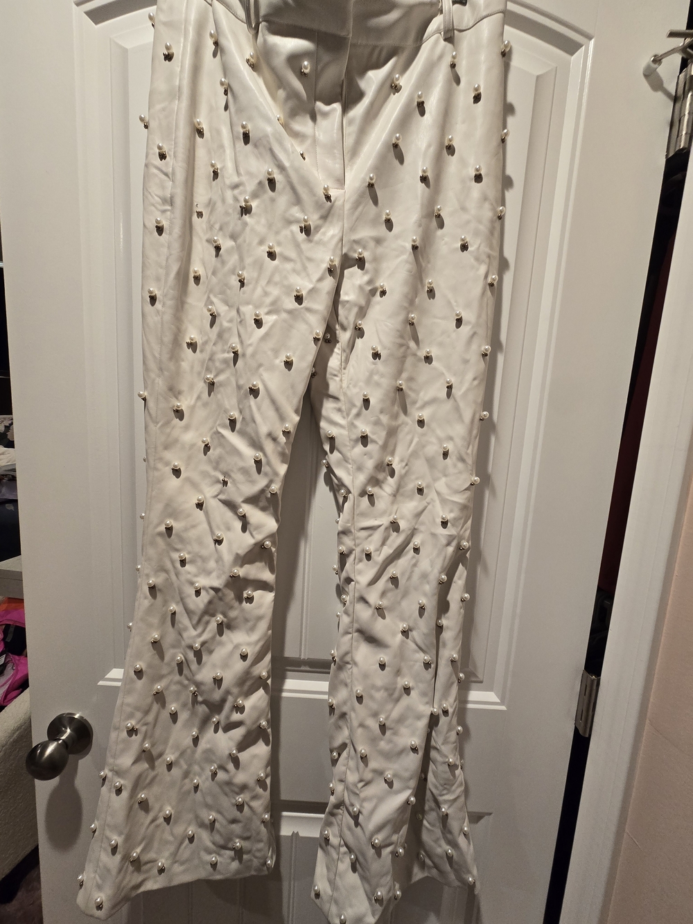 Fashion Nova Cream Pearl-Embellished Leather Flare Pants